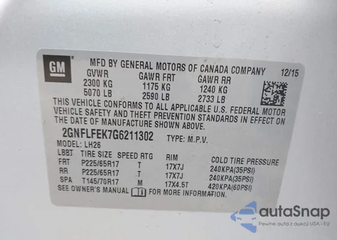 2016 Chevrolet Equinox Lt из США, поврежденный, VIN 2GNFLFEK7G6211302